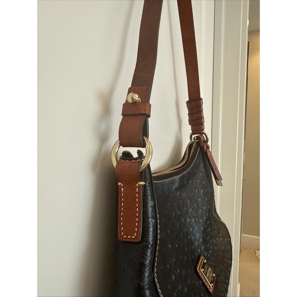 Dooney & Bourke Black Ostrich Embossed Leather Hobo Shoulder Bag Red Lining